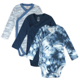 3-Pack Organic Cotton Long Sleeve Side-Snap Bodysuits, Tie Dye Blues
