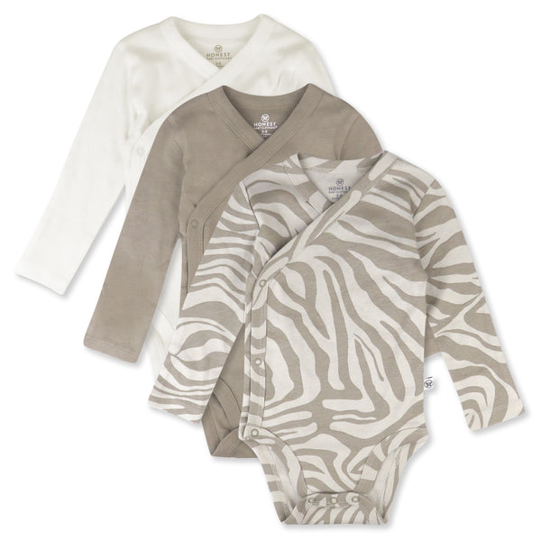3-Pack Organic Cotton Long Sleeve Side-Snap Bodysuits, Zanzibar Zebra