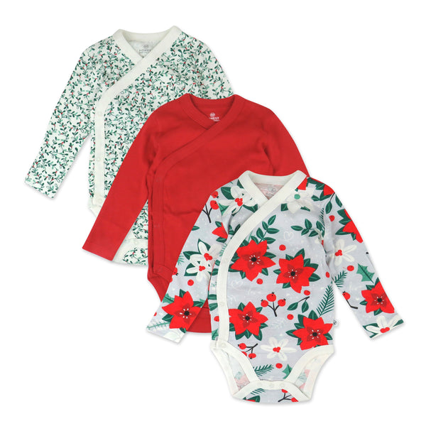 3-Pack Organic Cotton Holiday Long Sleeve Side-Snap Bodysuits, Holiday Gray Floral