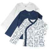 3-Pack Organic Cotton Long Sleeve Side-Snap Kimono Tops, Compass Blue