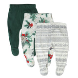 3-Pack Organic Cotton Holiday Footed Pants, Emerald Floral
