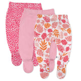 3-Pack Organic Cotton Footed Harem Pants, Jungle Leaves Pink