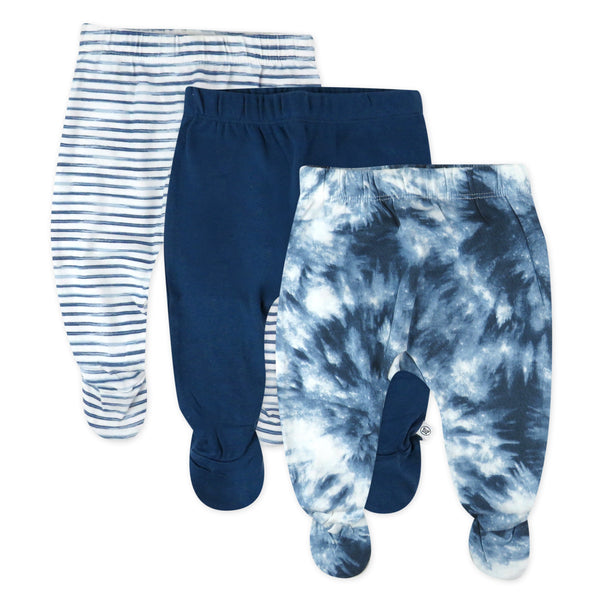 3-Pack Organic Cotton Footed Harem Pants, Tie Dye Blues