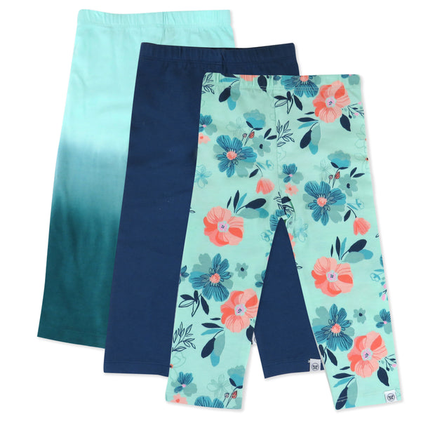 3-Pack Organic Cotton Legging Set, Floral Clusters Aqua Blue