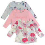 3-Pack Long Sleeve Babydoll Top with Gathered Yoke, Delicate Floral Pink