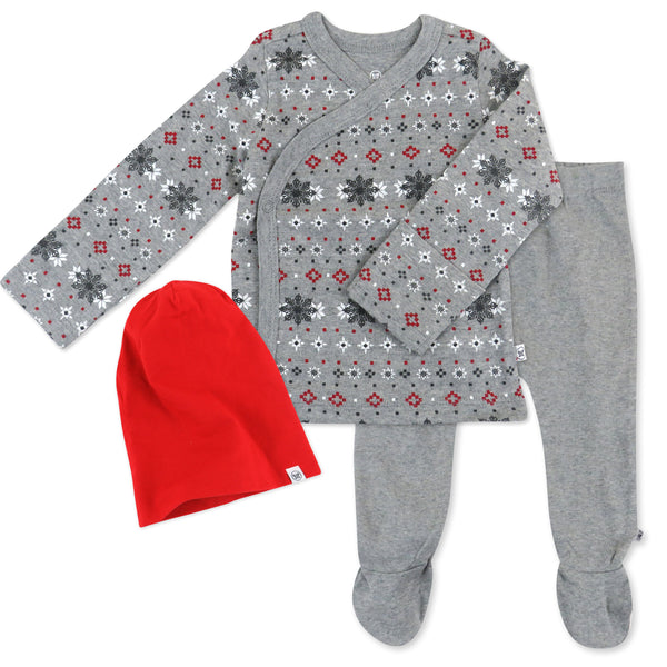 3-Piece Organic Cotton Holiday Side Snap Top, Footed Pant and Beanie, Fair Isle Gray
