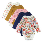 5-Pack Organic Cotton Long Sleeve Bodysuits, Copper Fields Floral Ivory
