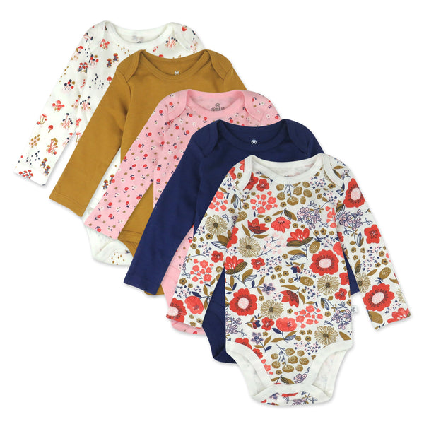 5-Pack Organic Cotton Long Sleeve Bodysuits, Copper Fields Floral Ivory
