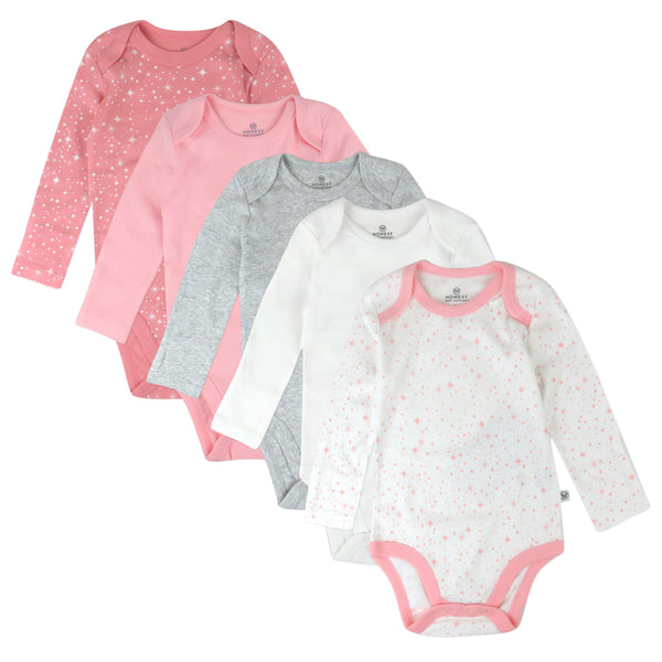 5-Pack Organic Cotton Long Sleeve Bodysuits, Twinkle Star Pink