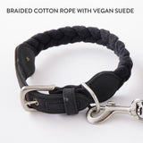 2-Piece Vegan Suede Collar & Braided Cotton Rope Leash Set, Black/Black