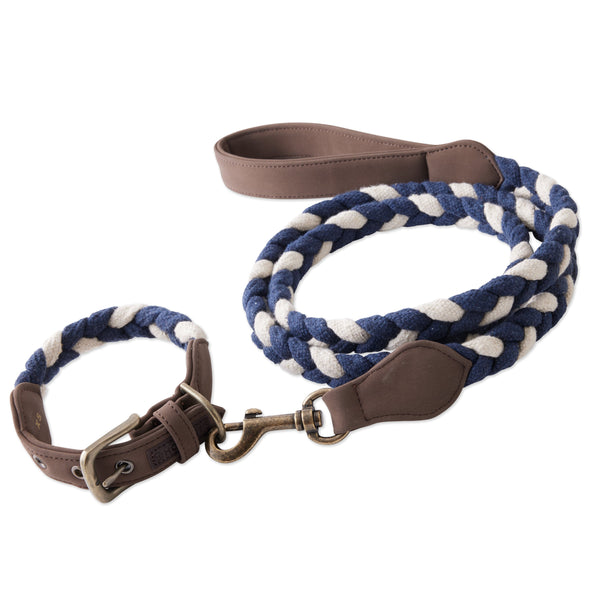 2-Piece Vegan Suede Collar & Braided Cotton Rope Leash Set, Navy/Ivory