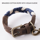 2-Piece Vegan Suede Collar & Braided Cotton Rope Leash Set, Navy/Ivory