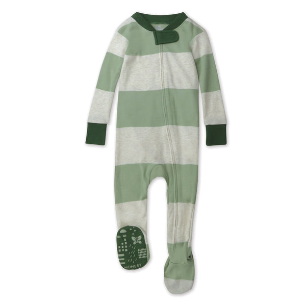 Organic Cotton Snug-Fit Footed Pajamas, Bold Stripe Moss