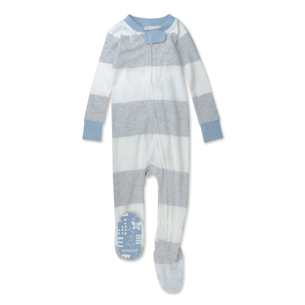 Organic Cotton Snug-Fit Footed Pajamas, Rugby Stripe Light Heather Gray