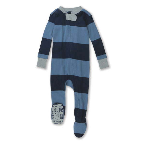 Organic Cotton Snug-Fit Footed Pajamas, Rugby Stripe Navy
