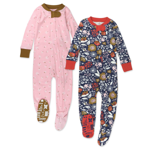 2-Pack Organic Cotton Snug-Fit Footed Pajamas, Copper Fields Floral Navy