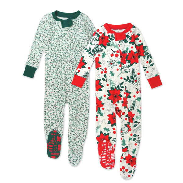 2-Pack Organic Cotton Holiday Snug-Fit Footed Pajamas, Holiday Floral