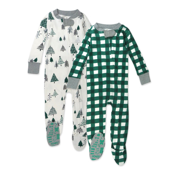 2-Pack Organic Cotton Holiday Snug-Fit Footed Pajamas, Emerald Forest