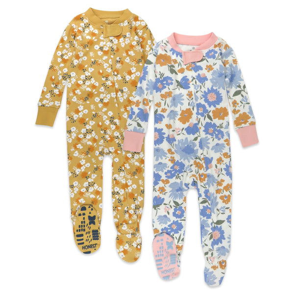 2-Pack Organic Cotton Snug-Fit Footed Pajamas, Painterly Floral Blue