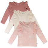 3-Piece Long Sleeve Ruffle T-Shirts, Sketchy Floral Dusty Pink