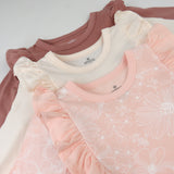 3-Piece Long Sleeve Ruffle T-Shirts, Sketchy Floral Dusty Pink