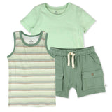 Toddler 3-Piece Short Sleeve T-Shirt, Muscle and Short Set, Drifting Stripe Sage