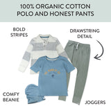 Toddler 4-Piece Polo Shirt, Short Sleeve T-Shirt, Honest Pant & Beanie Set, Varsity Gray