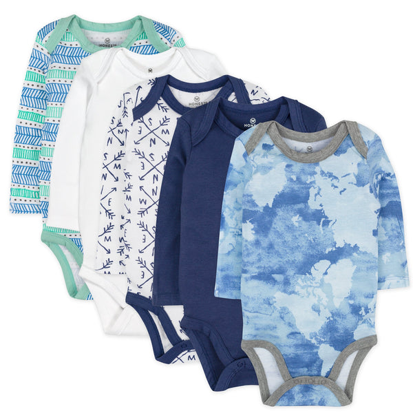 5-Pack Organic Cotton Long Sleeve Bodysuits, Watercolor World