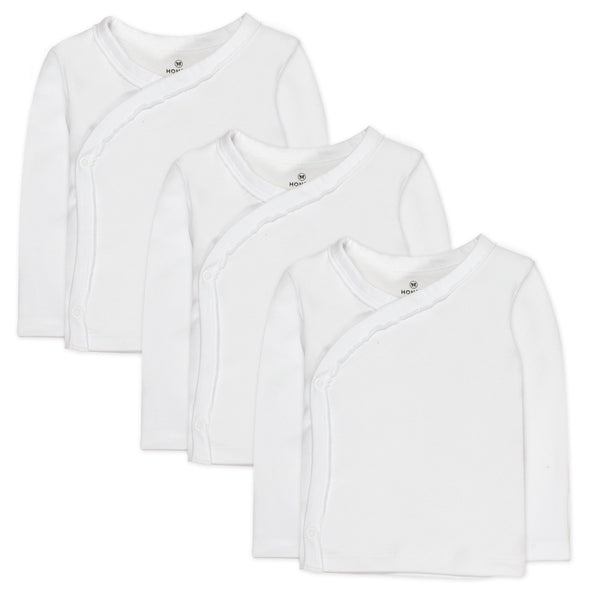 3-Pack Honestly Pure Organic Cotton Long Sleeve Side-Snap Kimono Tops, Bright White