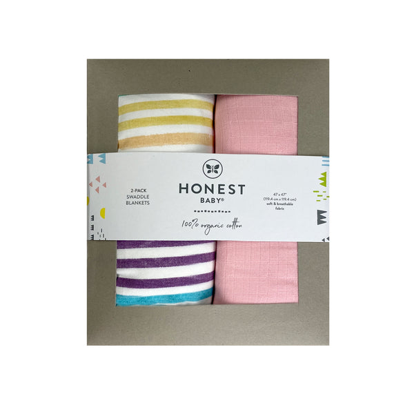 2-Pack Organic Cotton Swaddle Blankets in Gift Box, Rainbow Stripe/Pink