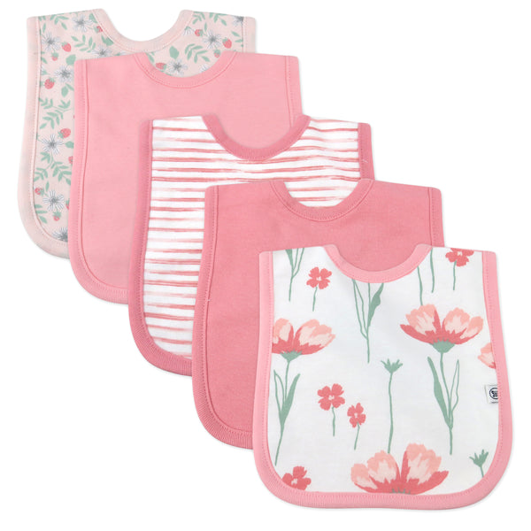 5-Pack Organic Cotton 4 in 1 Reversible Bibs, Strawberry Pink Floral