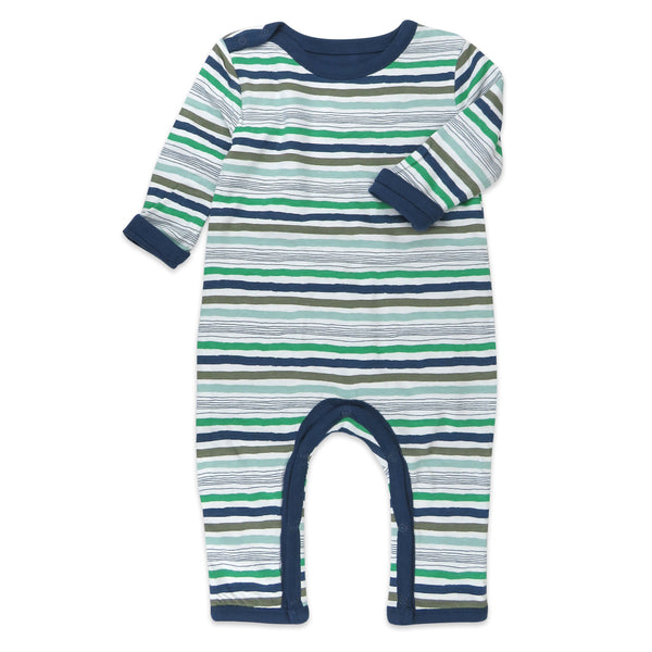 Organic Cotton Reversible Coverall, Hand Drawn Nature Stripe Navy