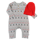 2-Piece Organic Cotton Holiday Henley Coverall and Beanie Set, Fair Isle Gray/Red