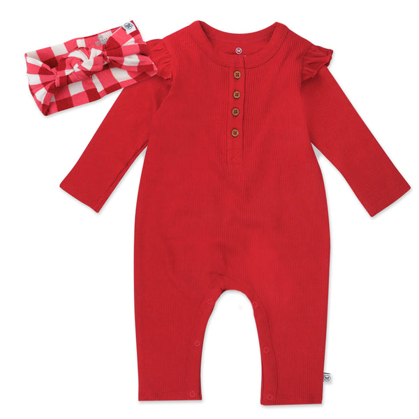 2-Piece Organic Cotton Holiday Flutter Sleeve Coverall and Headband Set, Holiday Red Girls