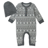 2-Piece Organic Cotton Holiday Coverall and Beanie Set, Fair Isle Gray