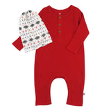 2-Piece Organic Cotton Holiday Long Sleeve Rib Coverall and Beanie Set, Holiday Red