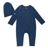 2-Piece Organic Cotton Long Sleeve Rib Coverall and Beanie Set, Navy
