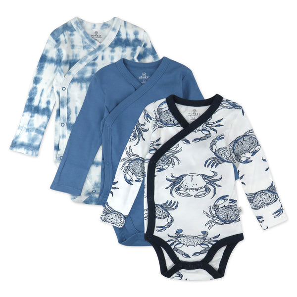 3-Pack Organic Cotton Long Sleeve Side-Snap Bodysuits, Crabs Navy
