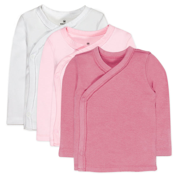 3-Pack Organic Cotton Long Sleeve Side-Snap Kimono Tops, Pink Ombre