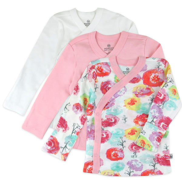 3-Pack Organic Cotton Long Sleeve Side-Snap Kimono Tops, Rose Blossom