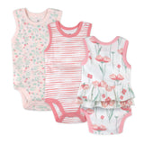 3-Pack Organic Cotton Sleeveless Bodysuit with Ruffles, Strawberry Pink Floral