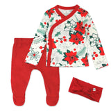 3-Piece Organic Cotton Holiday Side Snap Top, Footed Pant, and Headband, Holiday Floral