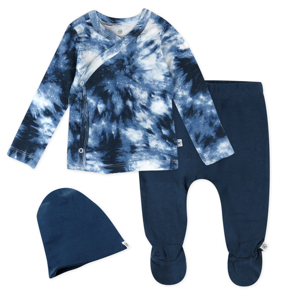 3-Piece Organic Cotton Side-Snap Top, Footed Pant and Beanie, Tie Dye Blues