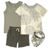 4-Piece Organic Cotton T-Shirt, Muscle Tee,  Shorts and Bandana Set, Pineapple Leaf