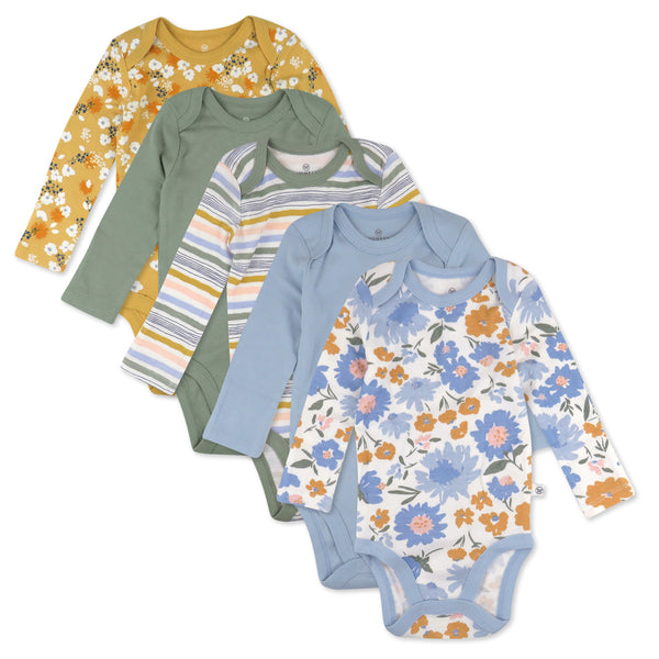 5-Pack Organic Cotton Long Sleeve Bodysuits, Painterly Floral Blue