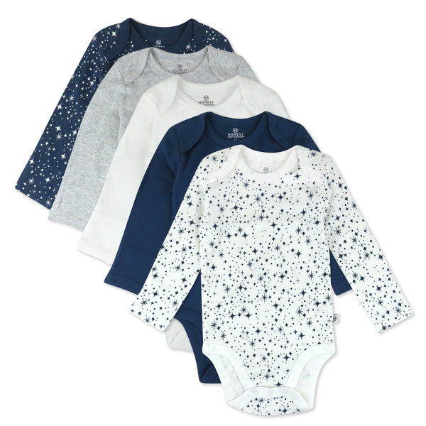 5-Pack Organic Cotton Long Sleeve Bodysuits, Twinkle Star Navy