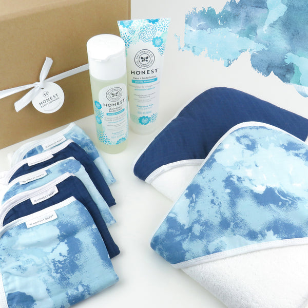 BUBBLES & CUDDLES 9-Piece Organic Cotton Bath Gift Set, Watercolor World with Fragrance Free Shampoo + Body Wash + Lotion
