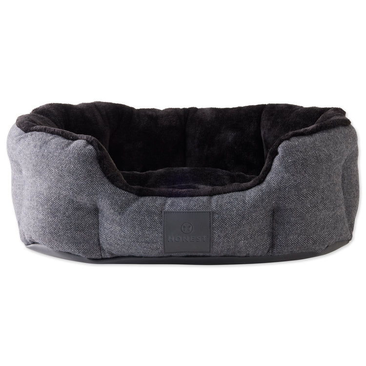 Tweed/Faux Fur Dog Bed with Removable Pillow, Black/Gray Herringbone