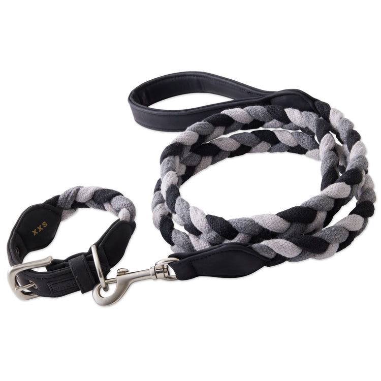 Grey Cotton Rope Leash with Leather Accents