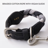 2-Piece Vegan Suede Collar & Braided Cotton Rope Leash Set, Light Gray/Black